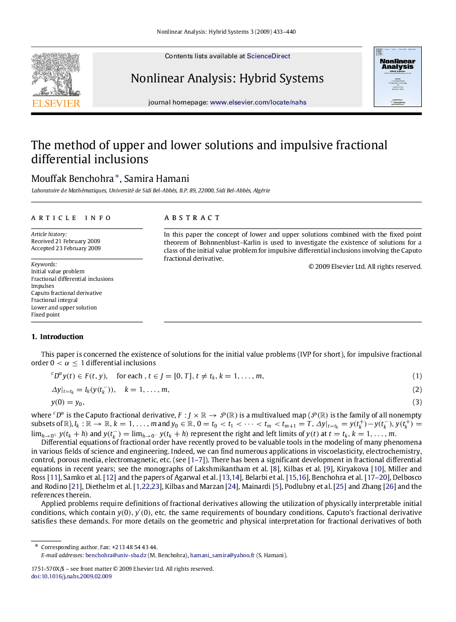 عکس صفحه اول مقاله: The method of upper and lower solutions and impulsive fractional differential inclusions The method of upper and lower solutions and impulsive fractional differential inclusions