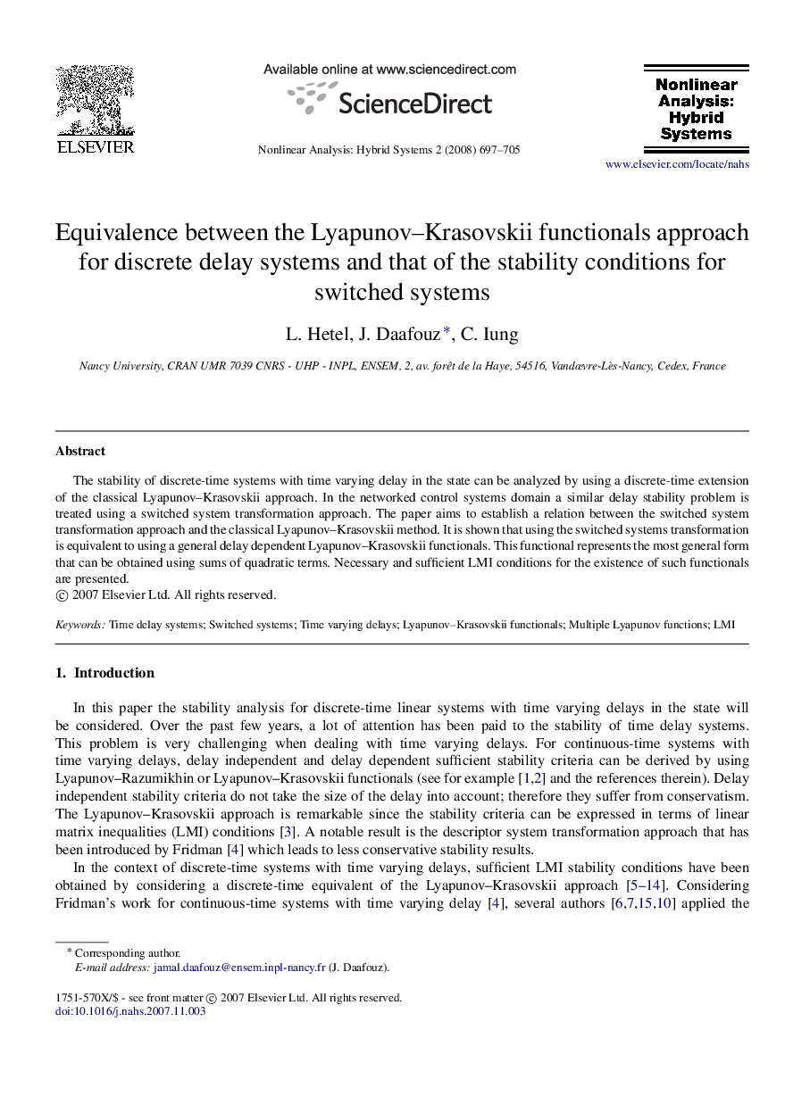 Equivalence between the Lyapunov–Krasovskii functionals approach for discrete delay systems and that of the stability conditions for switched systems