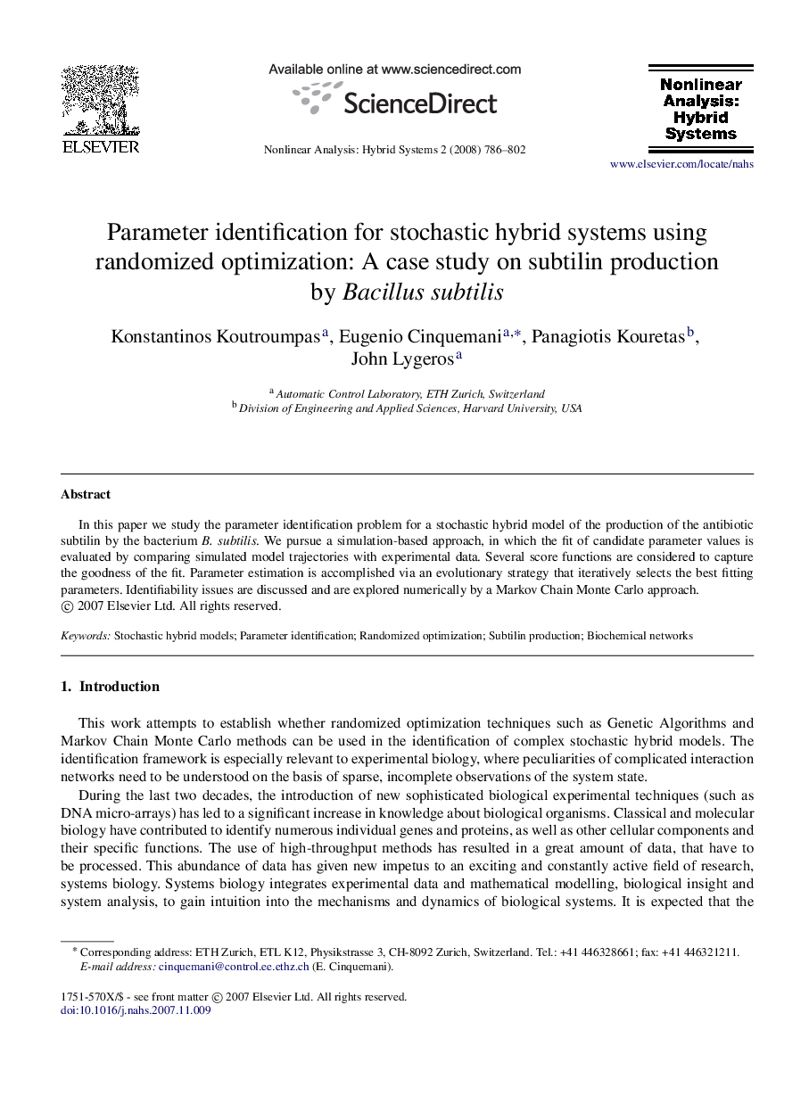 Parameter identification for stochastic hybrid systems using randomized optimization: A case study on subtilin production by Bacillus subtilis