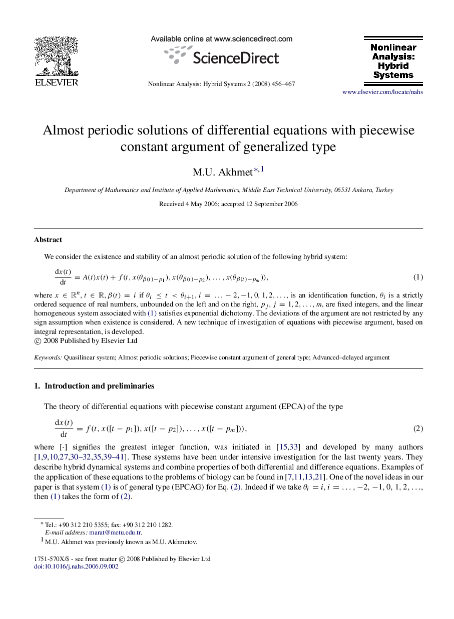 Almost periodic solutions of differential equations with piecewise constant argument of generalized type