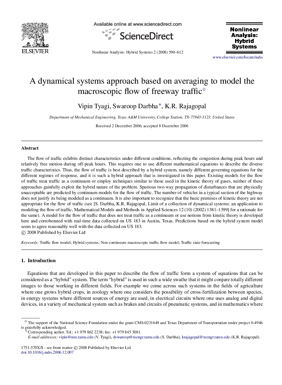 A dynamical systems approach based on averaging to model the macroscopic flow of freeway traffic 