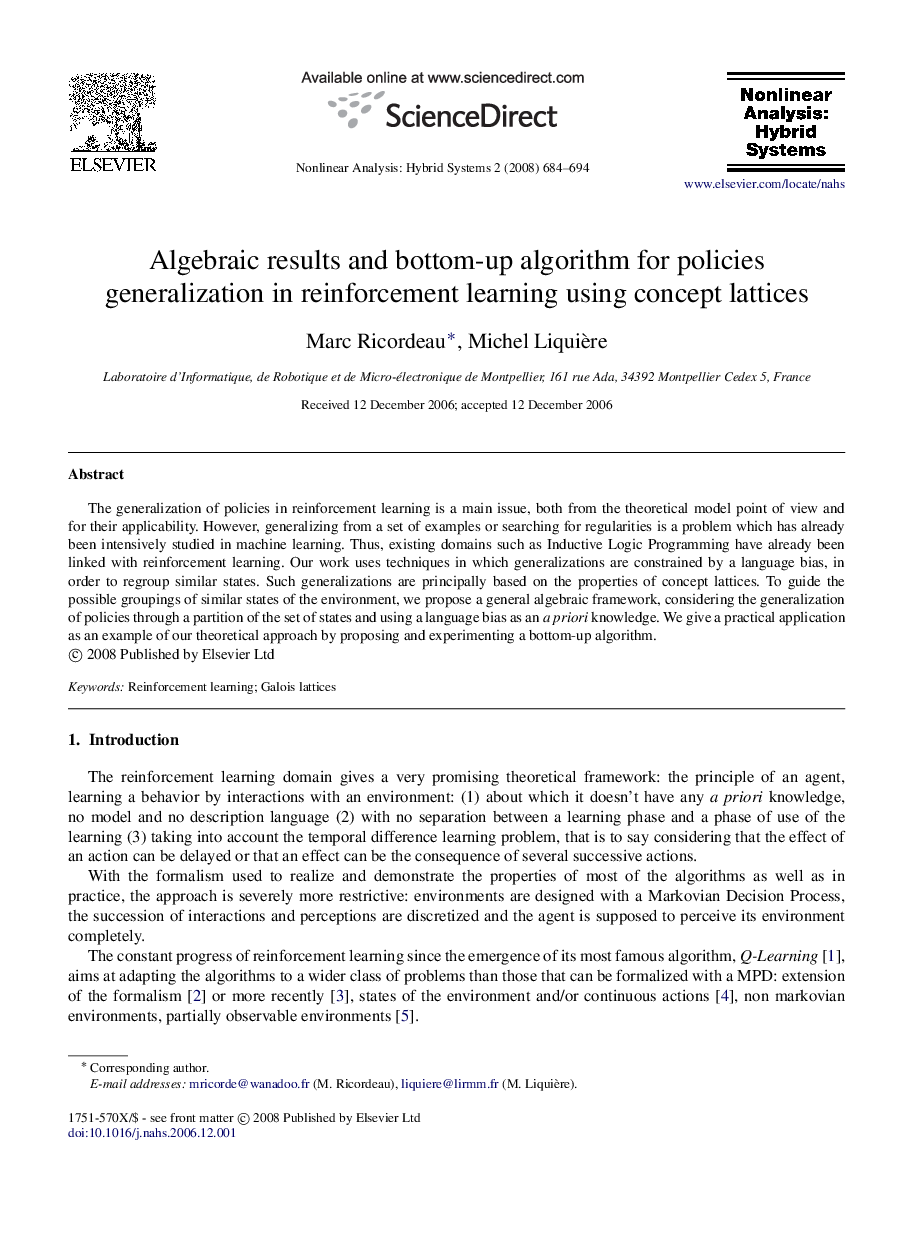 Algebraic results and bottom-up algorithm for policies generalization in reinforcement learning using concept lattices