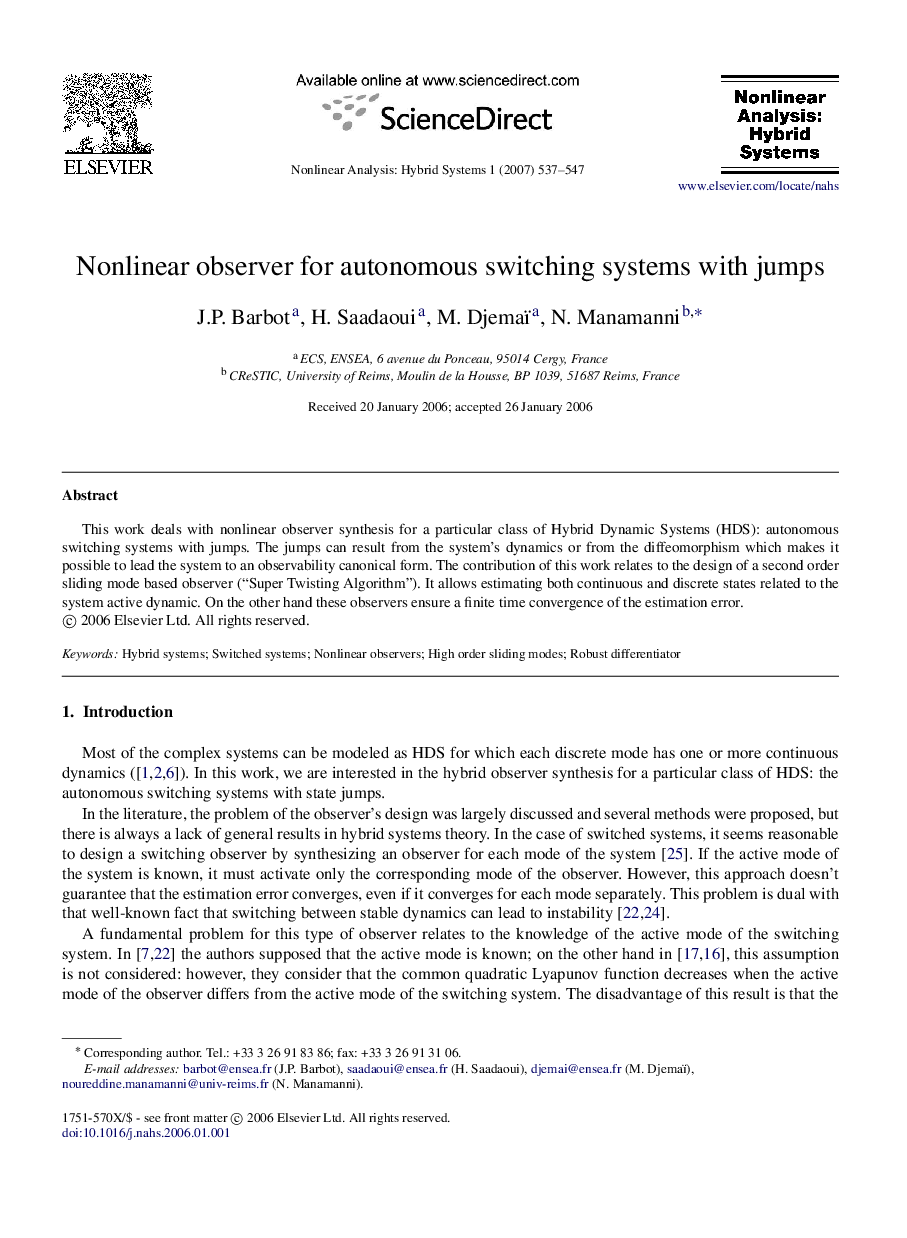 Nonlinear observer for autonomous switching systems with jumps