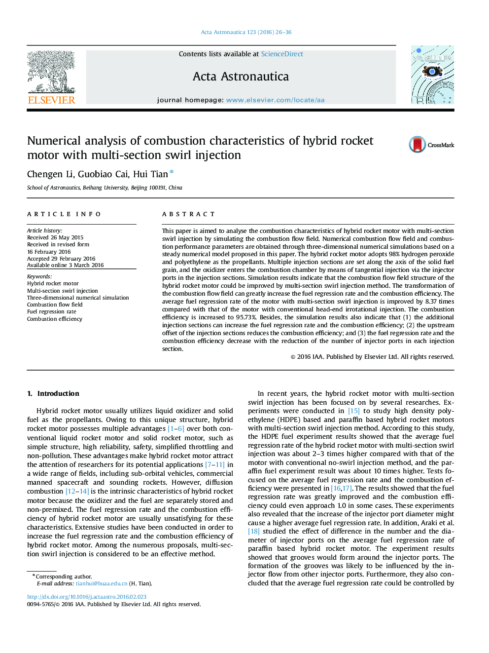 Numerical analysis of combustion characteristics of hybrid rocket motor with multi-section swirl injection