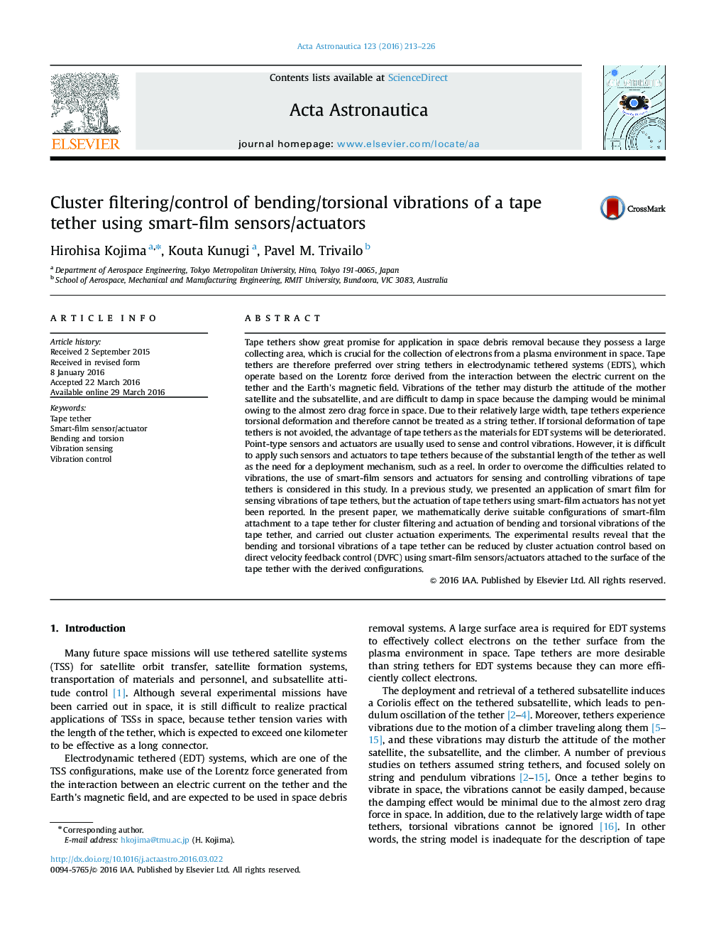 Cluster filtering/control of bending/torsional vibrations of a tape tether using smart-film sensors/actuators