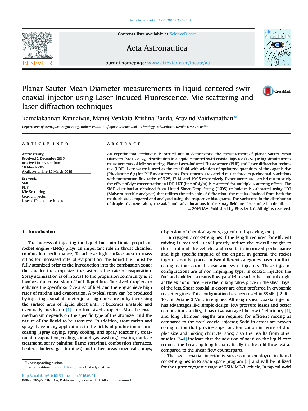 عکس صفحه اول مقاله: Planar Sauter Mean Diameter measurements in liquid centered swirl coaxial injector using Laser Induced Fluorescence, Mie scattering and laser diffraction techniques Planar Sauter Mean Diameter measurements in liquid centered swirl coaxial injector using Laser Induced Fluorescence, Mie scattering and laser diffraction techniques