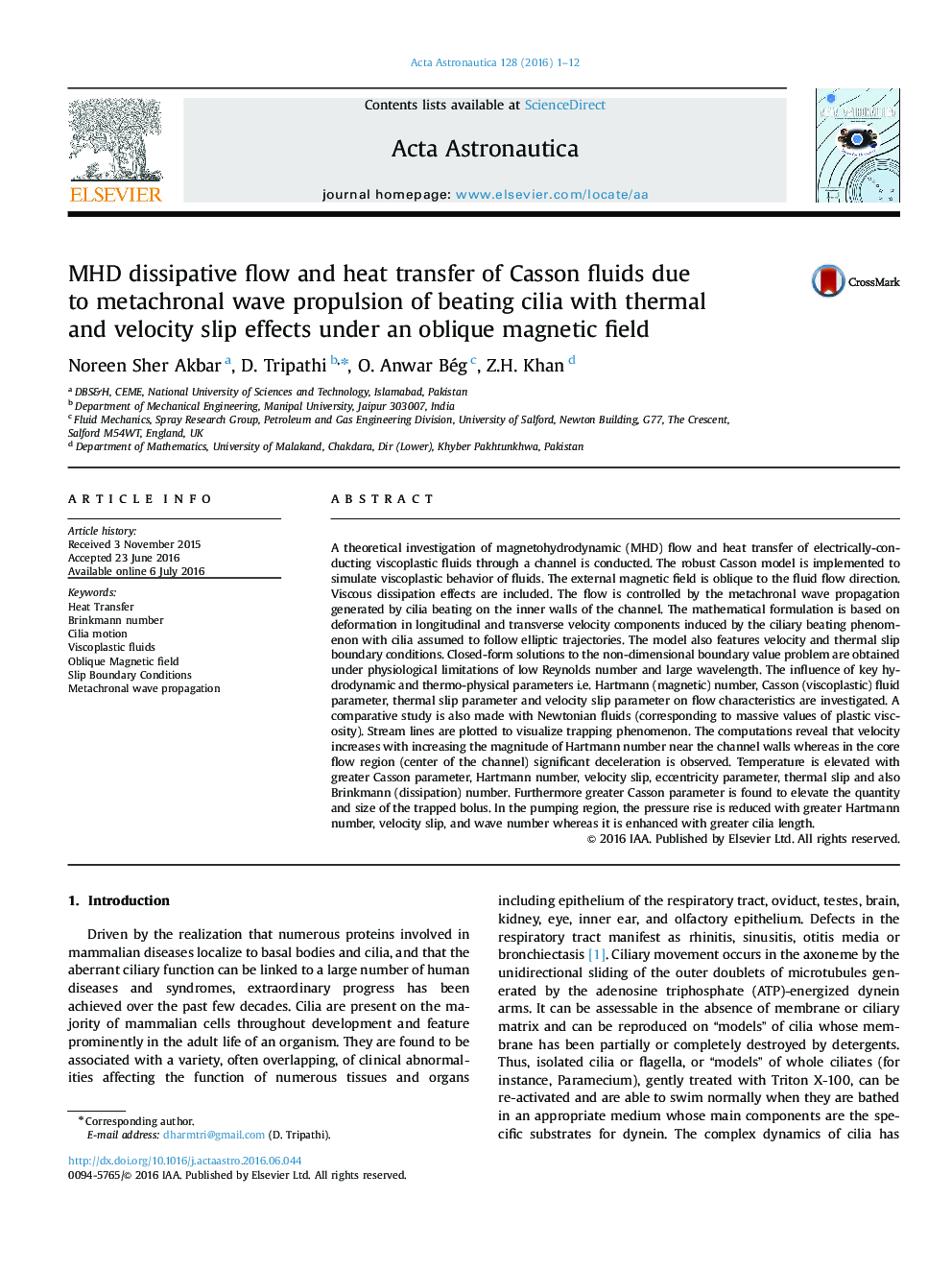 MHD dissipative flow and heat transfer of Casson fluids due to metachronal wave propulsion of beating cilia with thermal and velocity slip effects under an oblique magnetic field