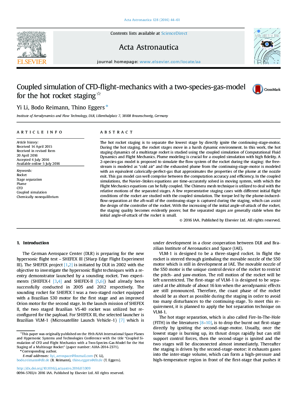 Coupled simulation of CFD-flight-mechanics with a two-species-gas-model for the hot rocket staging