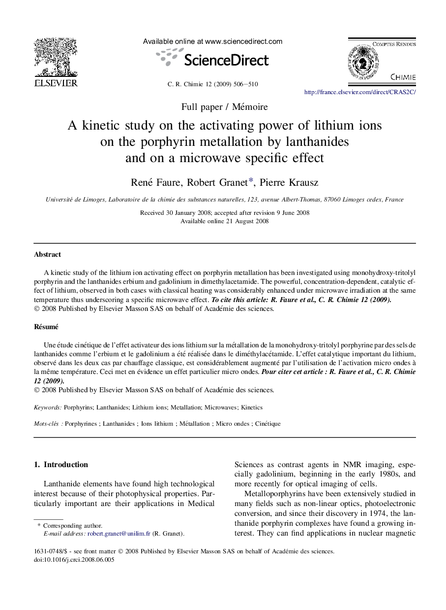 A kinetic study on the activating power of lithium ions on the porphyrin metallation by lanthanides and on a microwave specific effect