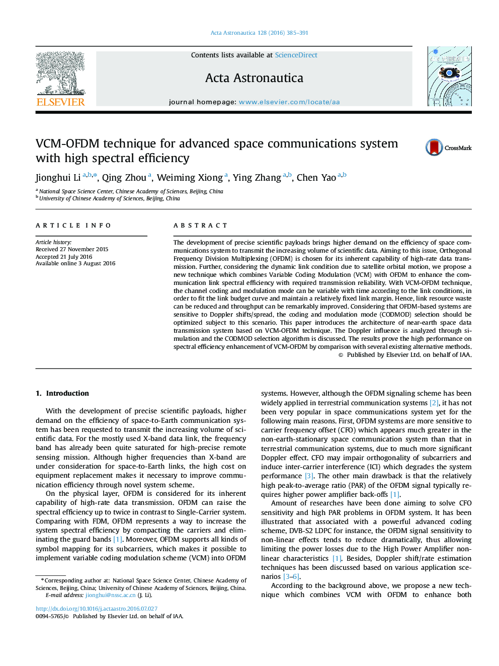 عکس صفحه اول مقاله: VCM-OFDM technique for advanced space communications system with high spectral efficiency VCM-OFDM technique for advanced space communications system with high spectral efficiency