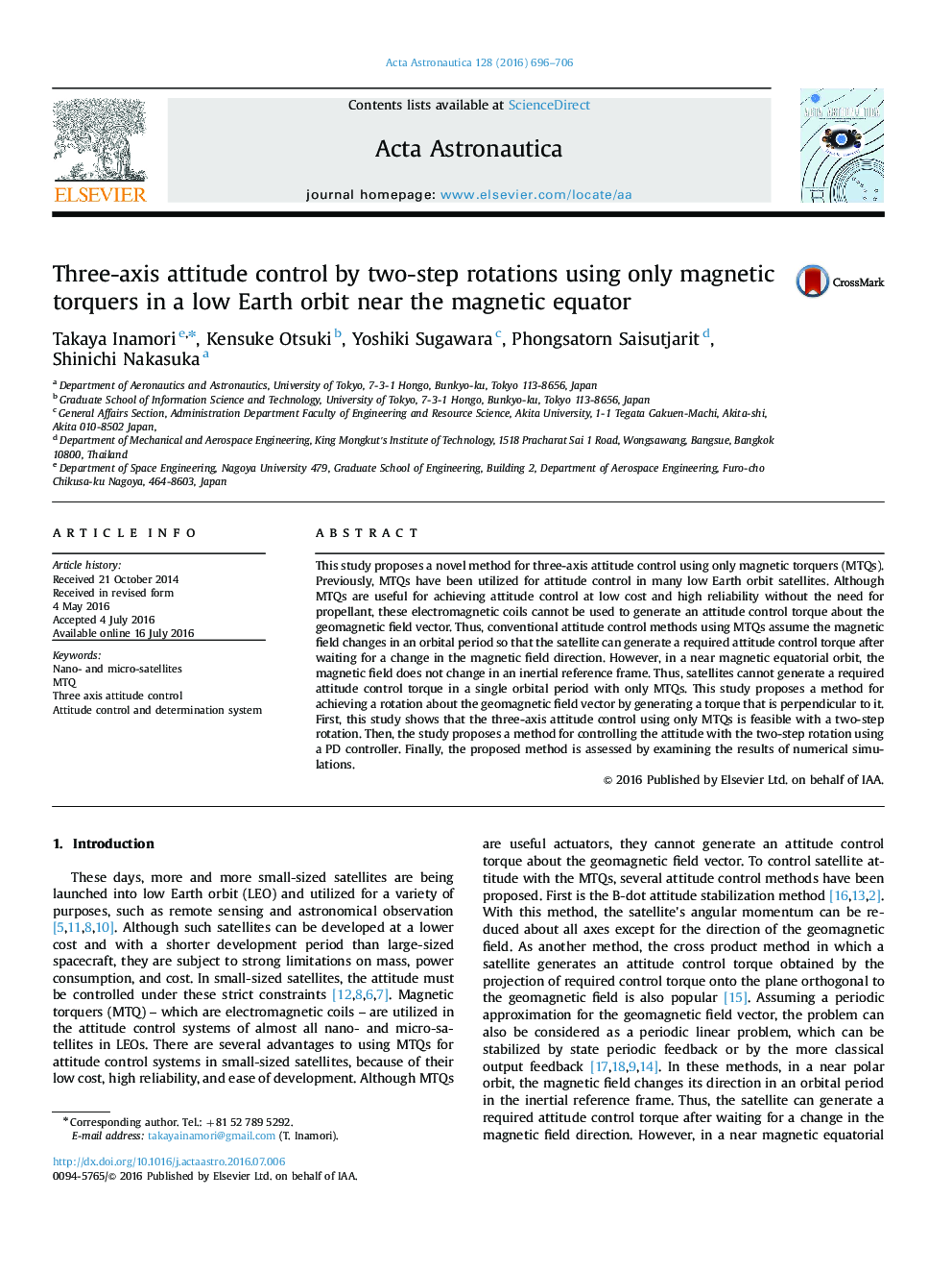 Three-axis attitude control by two-step rotations using only magnetic torquers in a low Earth orbit near the magnetic equator