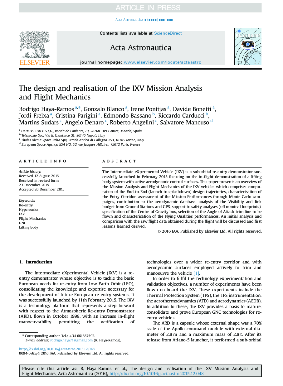 The design and realisation of the IXV Mission Analysis and Flight Mechanics