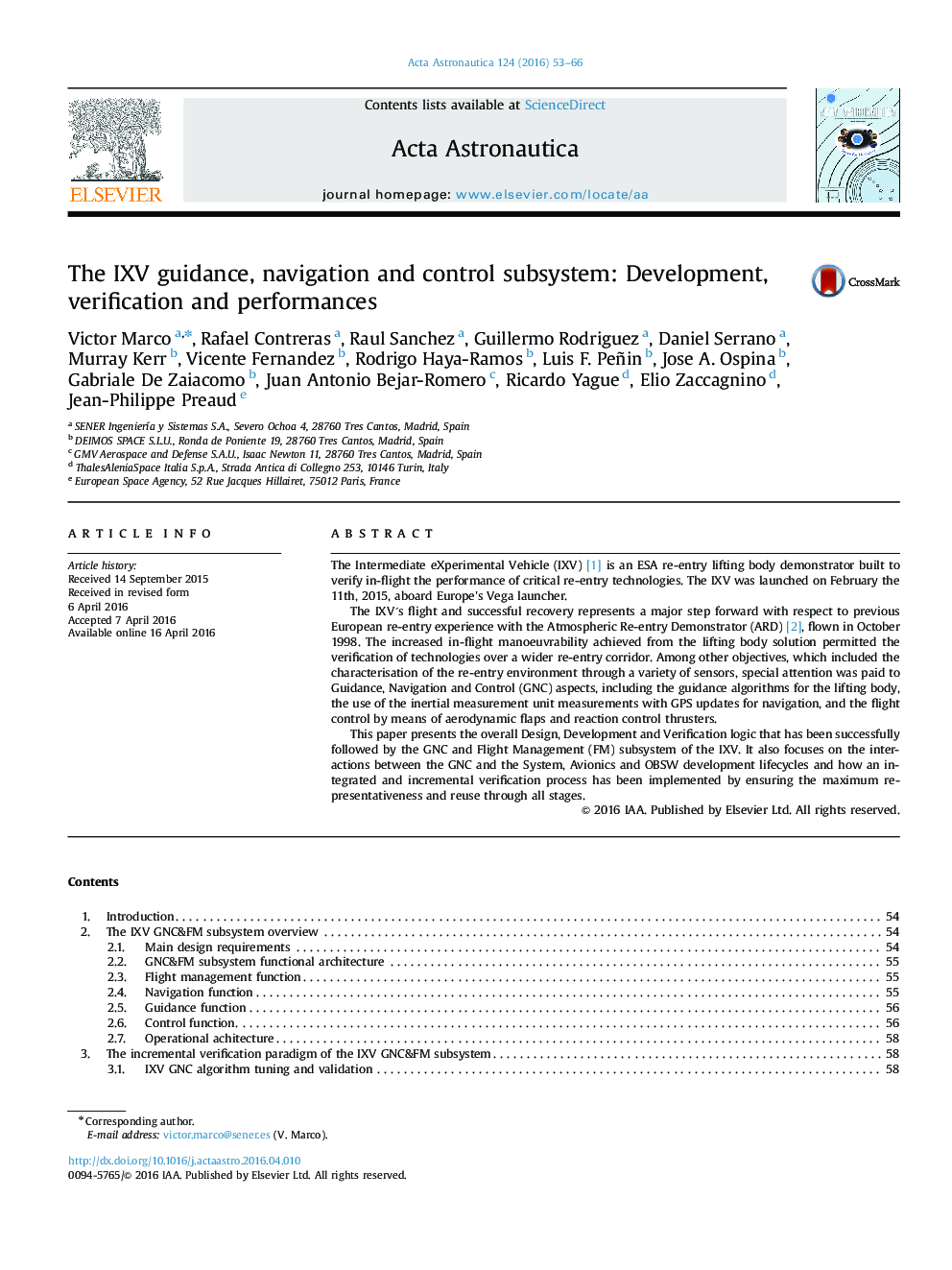 عکس صفحه اول مقاله: The IXV guidance, navigation and control subsystem: Development, verification and performances The IXV guidance, navigation and control subsystem: Development, verification and performances