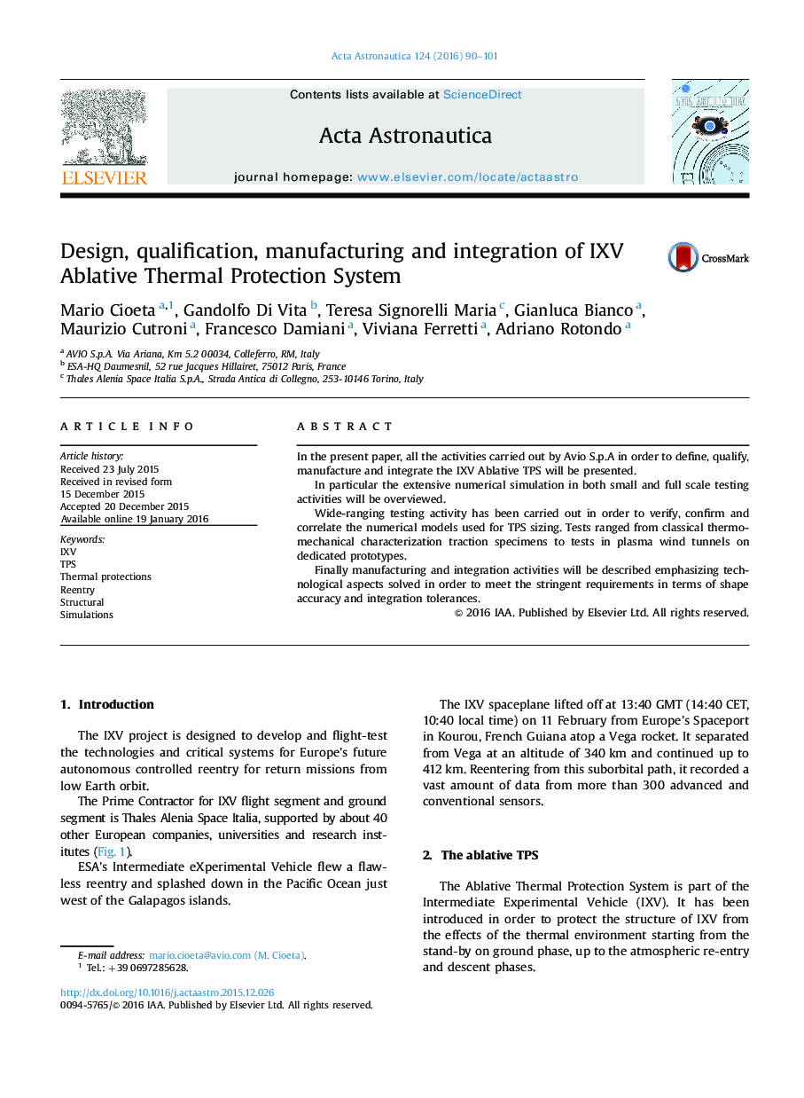 Design, qualification, manufacturing and integration of IXV Ablative Thermal Protection System