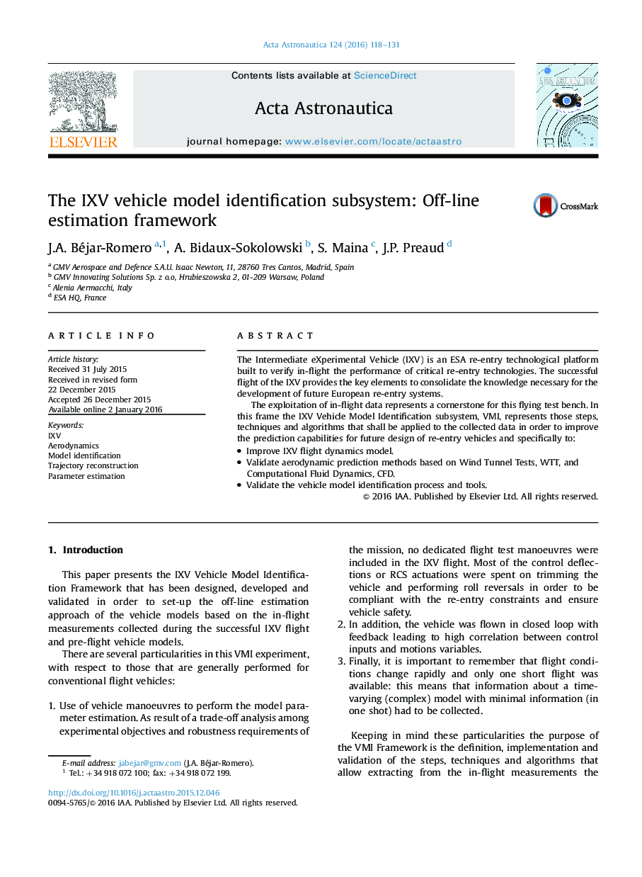The IXV vehicle model identification subsystem: Off-line estimation framework