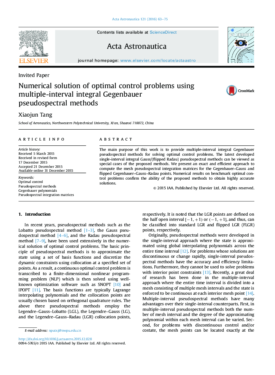 عکس صفحه اول مقاله: Numerical solution of optimal control problems using multiple-interval integral Gegenbauer pseudospectral methods Numerical solution of optimal control problems using multiple-interval integral Gegenbauer pseudospectral methods