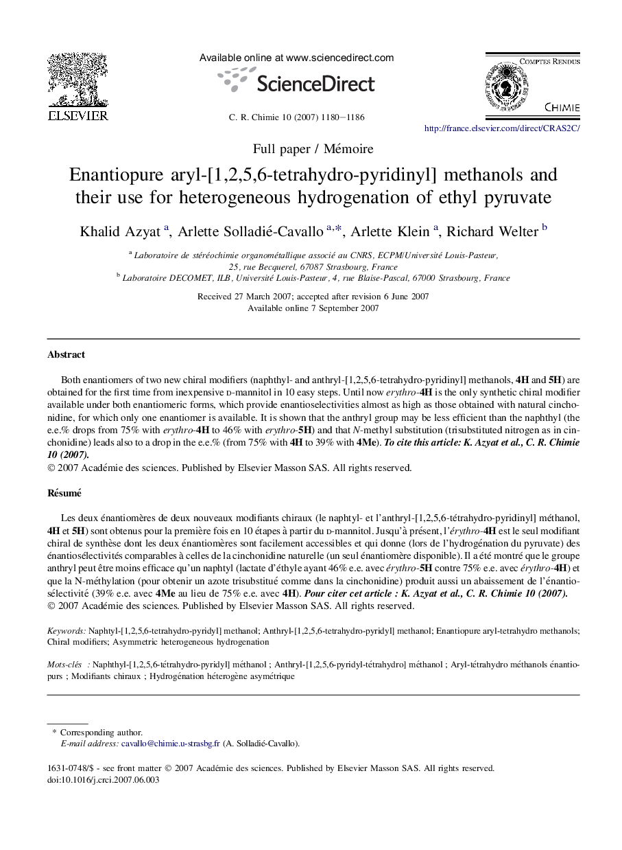 Enantiopure aryl-[1,2,5,6-tetrahydro-pyridinyl] methanols and their use for heterogeneous hydrogenation of ethyl pyruvate