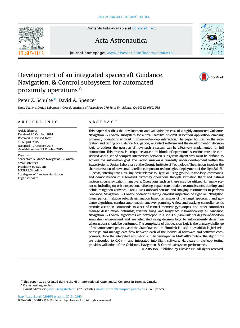 Development of an integrated spacecraft Guidance, Navigation, & Control subsystem for automated proximity operations 
