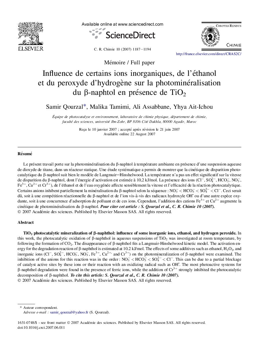 Influence de certains ions inorganiques, de l'éthanol et du peroxyde d'hydrogène sur la photominéralisation du β-naphtol en présence de TiO2