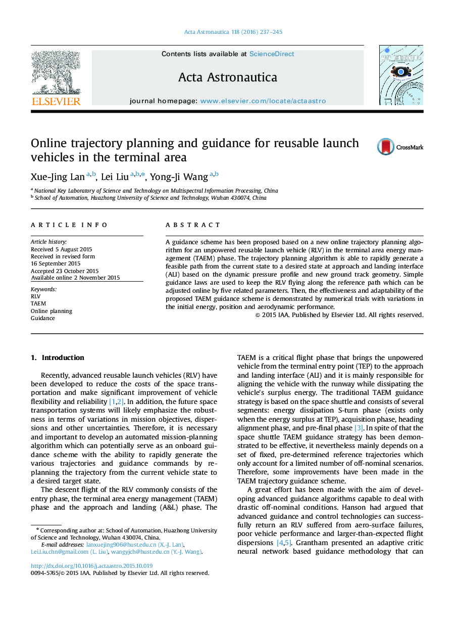 Online trajectory planning and guidance for reusable launch vehicles in the terminal area