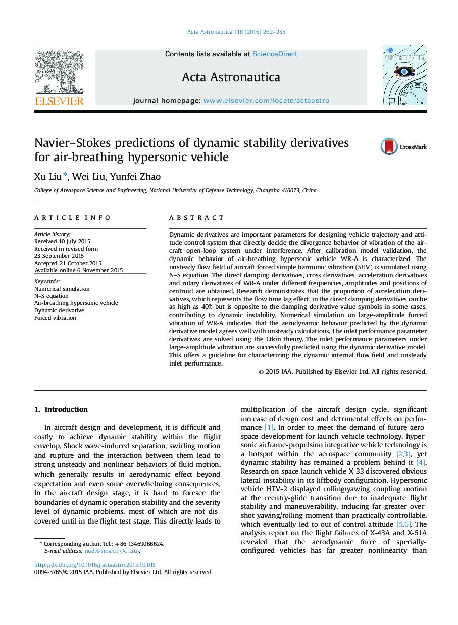 عکس صفحه اول مقاله: Navier–Stokes predictions of dynamic stability derivatives for air-breathing hypersonic vehicle Navier–Stokes predictions of dynamic stability derivatives for air-breathing hypersonic vehicle