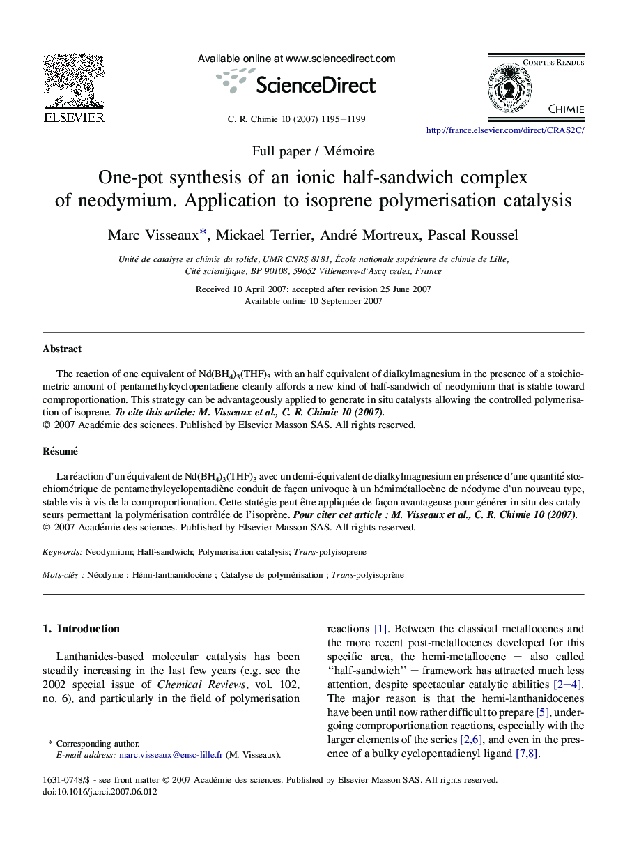 One-pot synthesis of an ionic half-sandwich complex of neodymium. Application to isoprene polymerisation catalysis