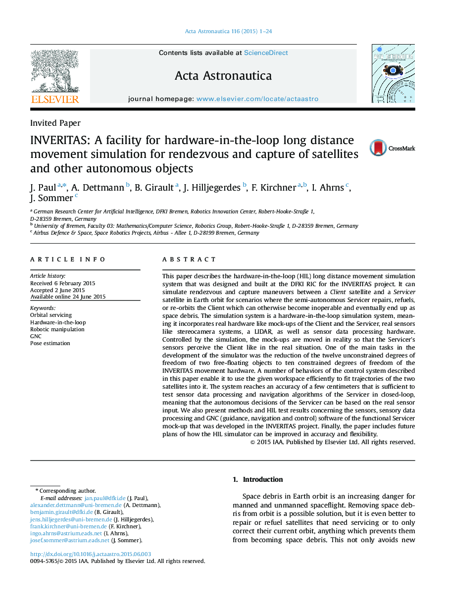 INVERITAS: A facility for hardware-in-the-loop long distance movement simulation for rendezvous and capture of satellites and other autonomous objects