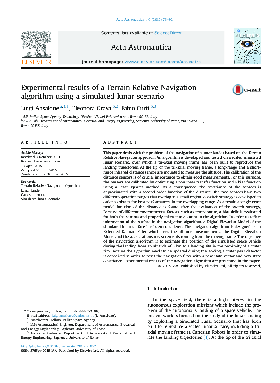 Experimental results of a Terrain Relative Navigation algorithm using a simulated lunar scenario