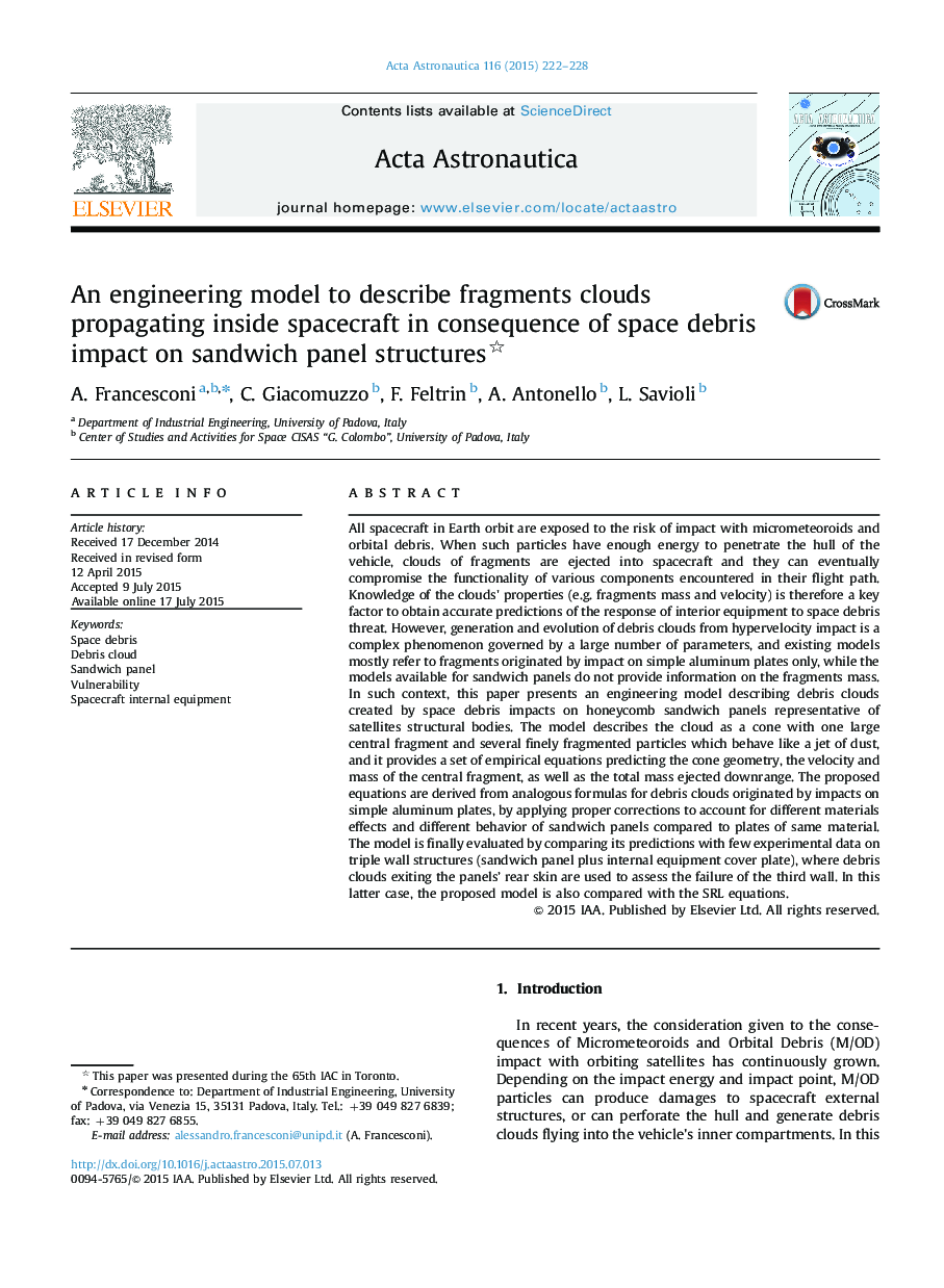 An engineering model to describe fragments clouds propagating inside spacecraft in consequence of space debris impact on sandwich panel structures 