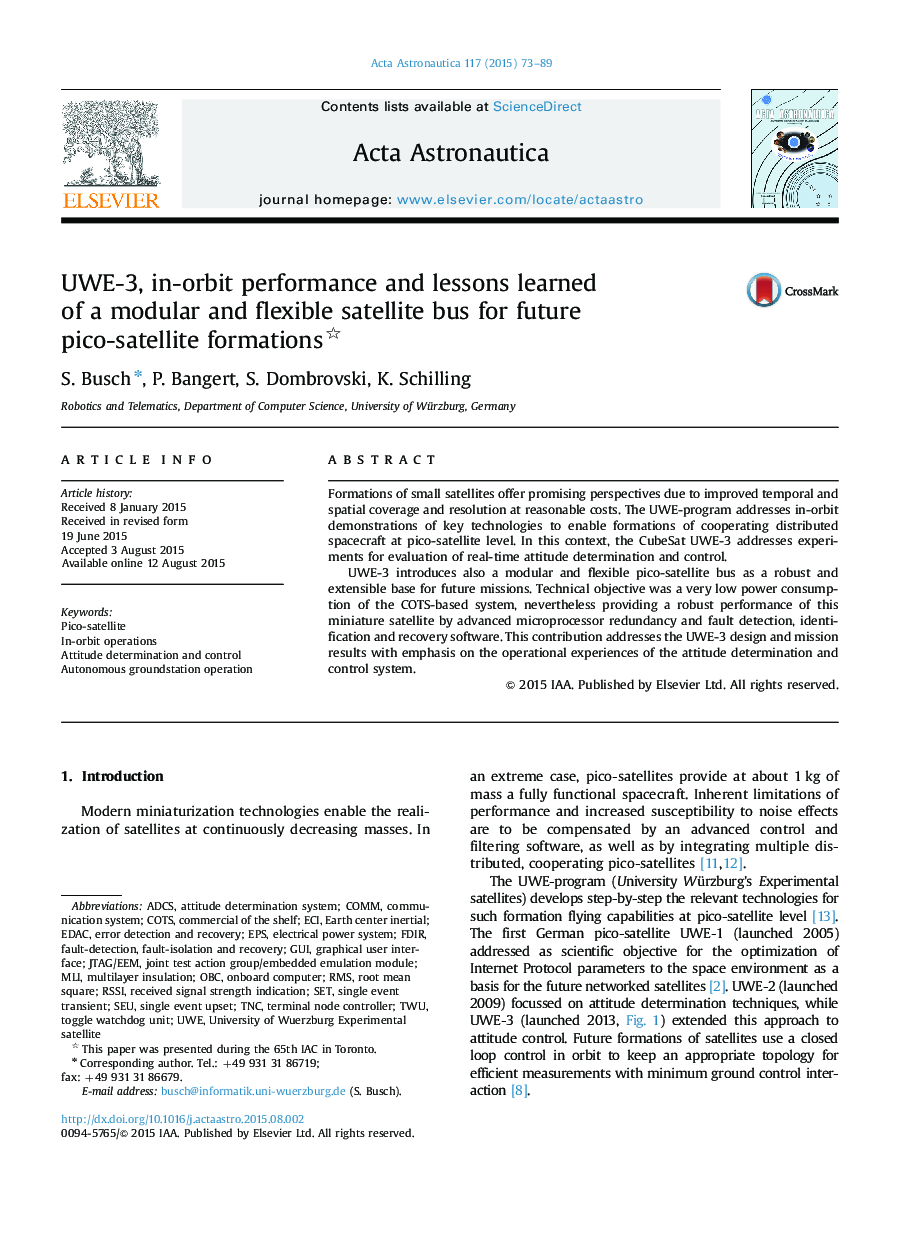 UWE-3, in-orbit performance and lessons learned of a modular and flexible satellite bus for future pico-satellite formations