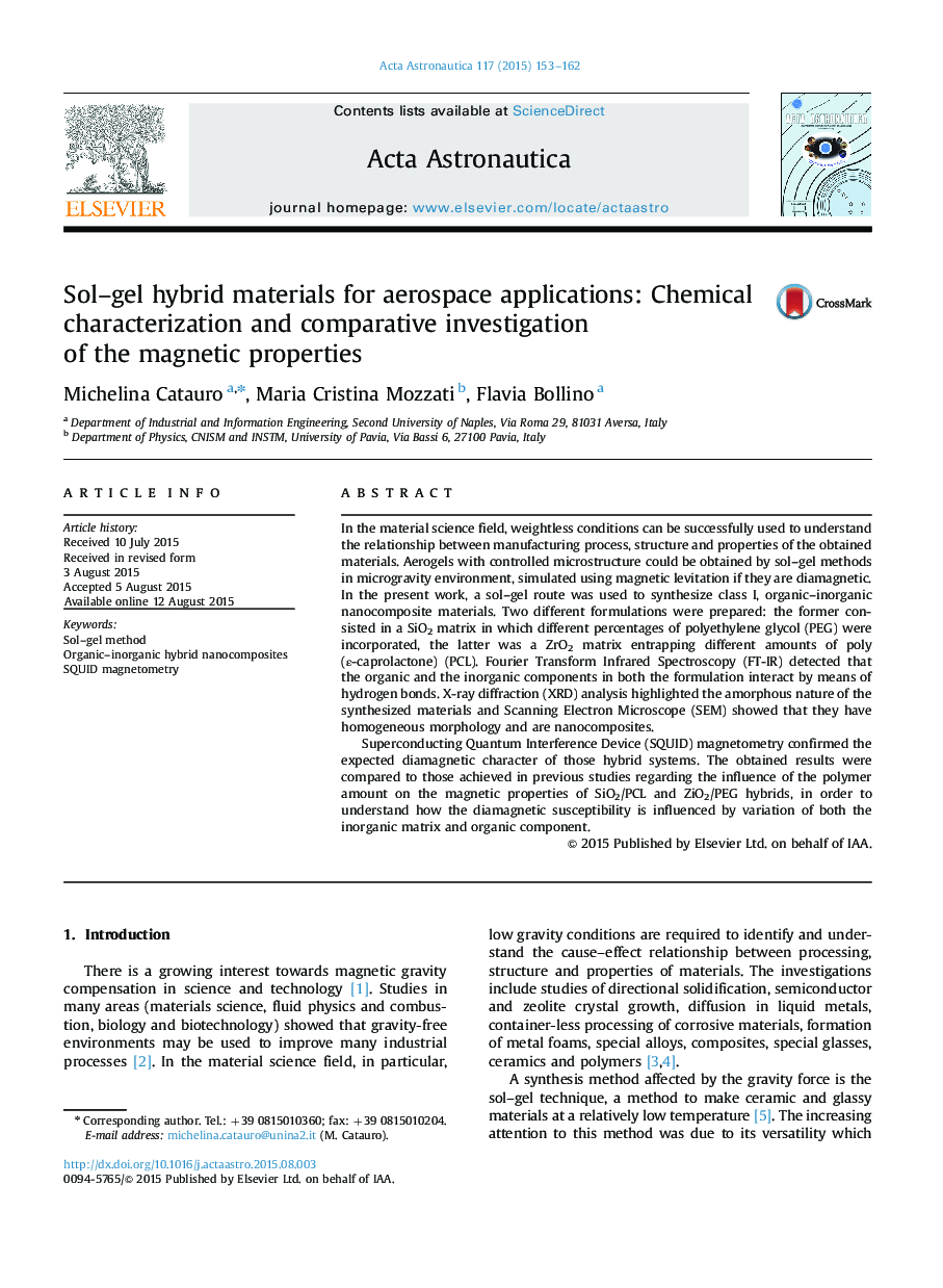 Sol–gel hybrid materials for aerospace applications: Chemical characterization and comparative investigation of the magnetic properties