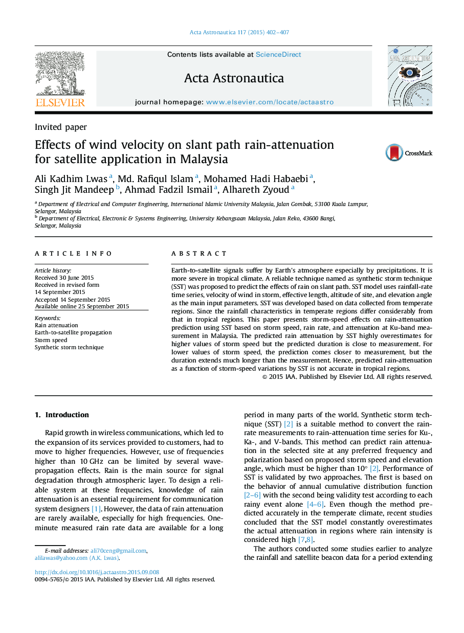 Effects of wind velocity on slant path rain-attenuation for satellite application in Malaysia