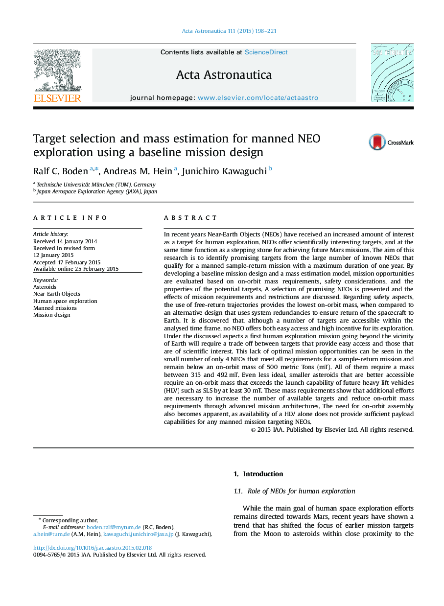 Target selection and mass estimation for manned NEO exploration using a baseline mission design