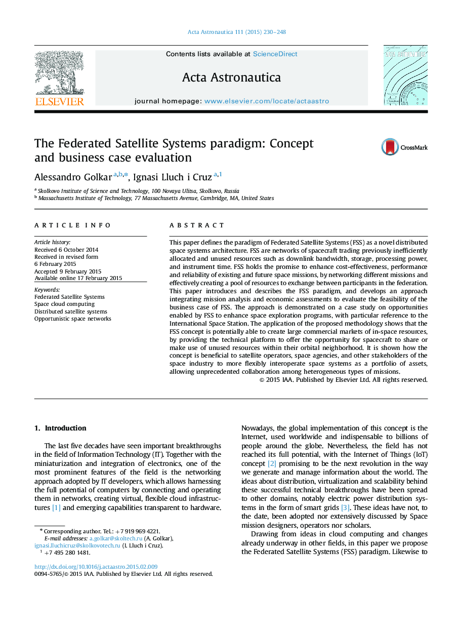 The Federated Satellite Systems paradigm: Concept and business case evaluation