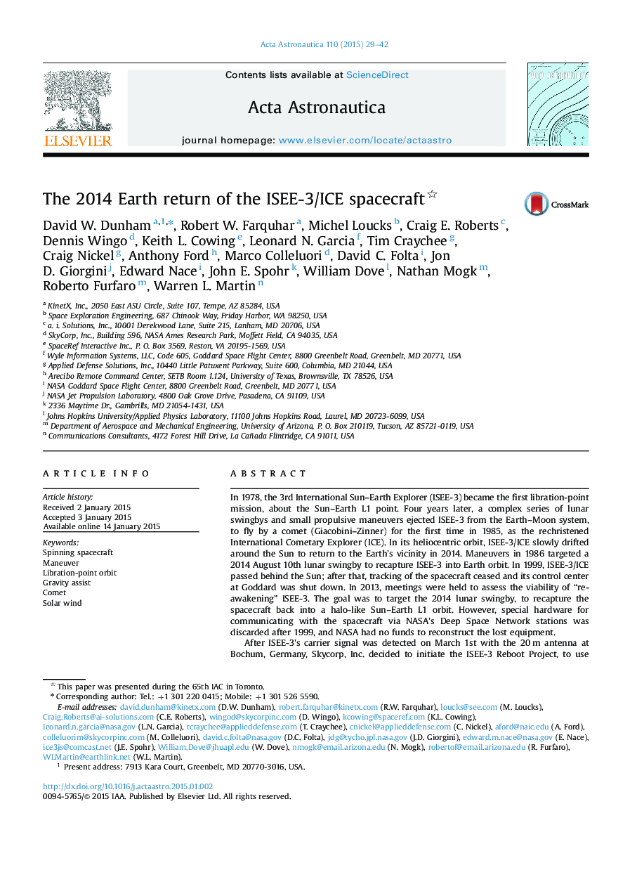 The 2014 Earth return of the ISEE-3/ICE spacecraft