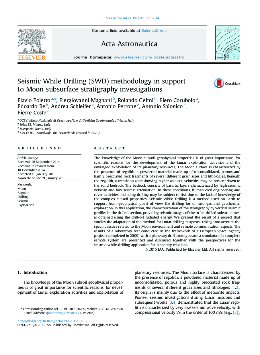 Seismic While Drilling (SWD) methodology in support to Moon subsurface stratigraphy investigations