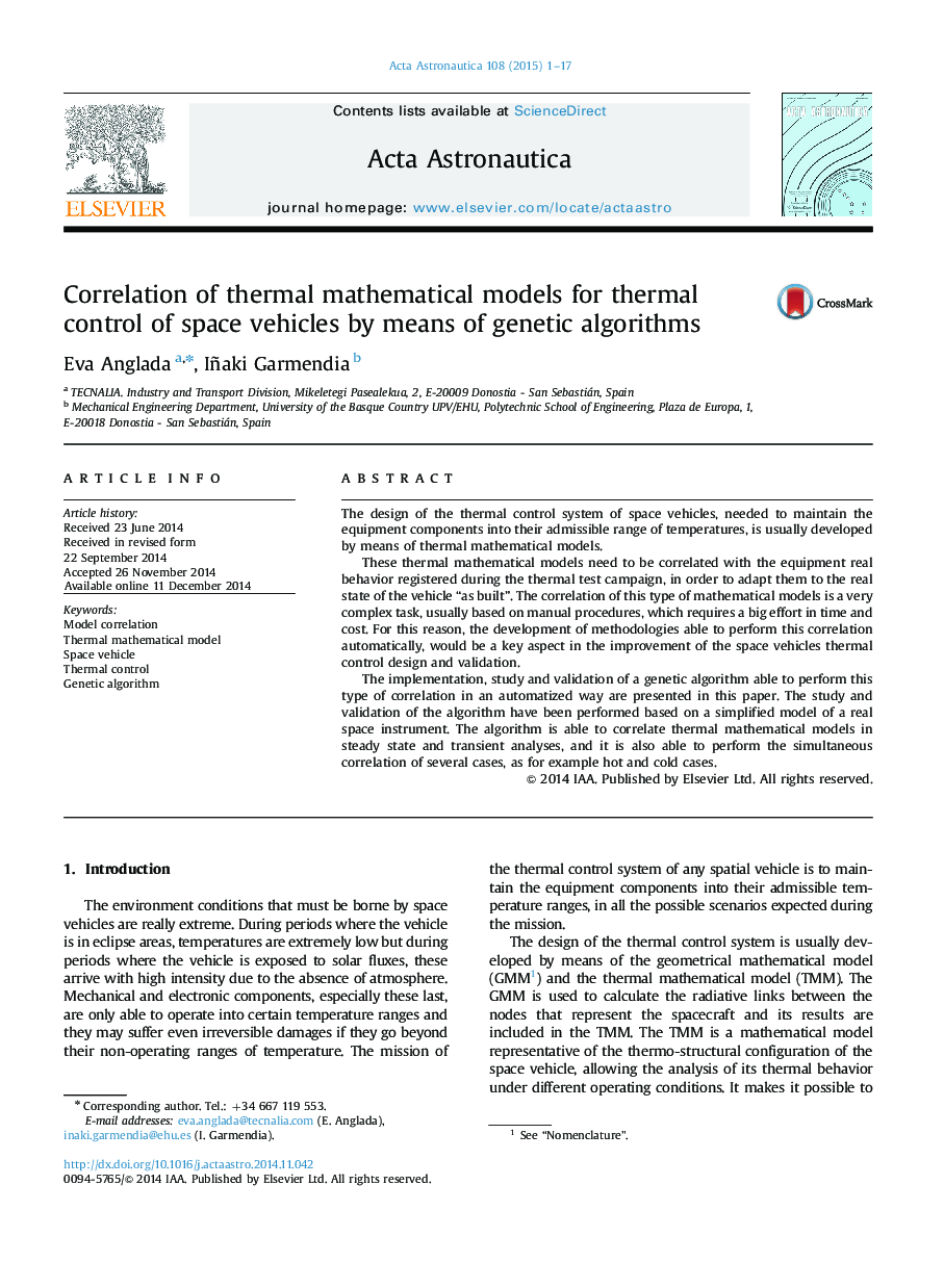 Correlation of thermal mathematical models for thermal control of space vehicles by means of genetic algorithms