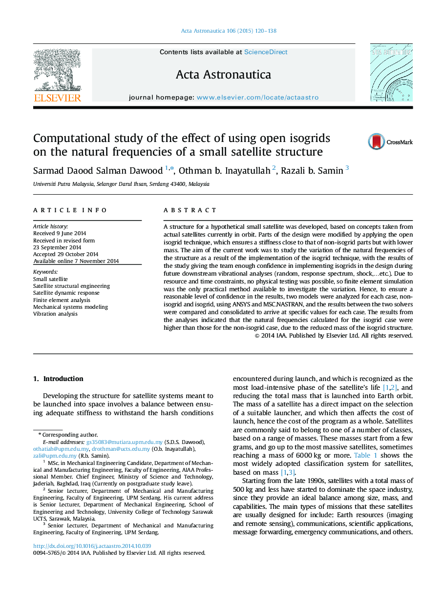 Computational study of the effect of using open isogrids on the natural frequencies of a small satellite structure