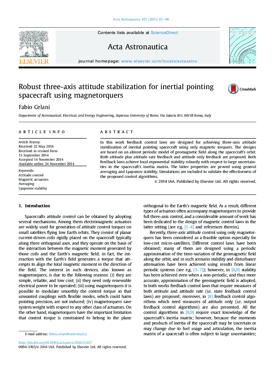 Robust three-axis attitude stabilization for inertial pointing spacecraft using magnetorquers