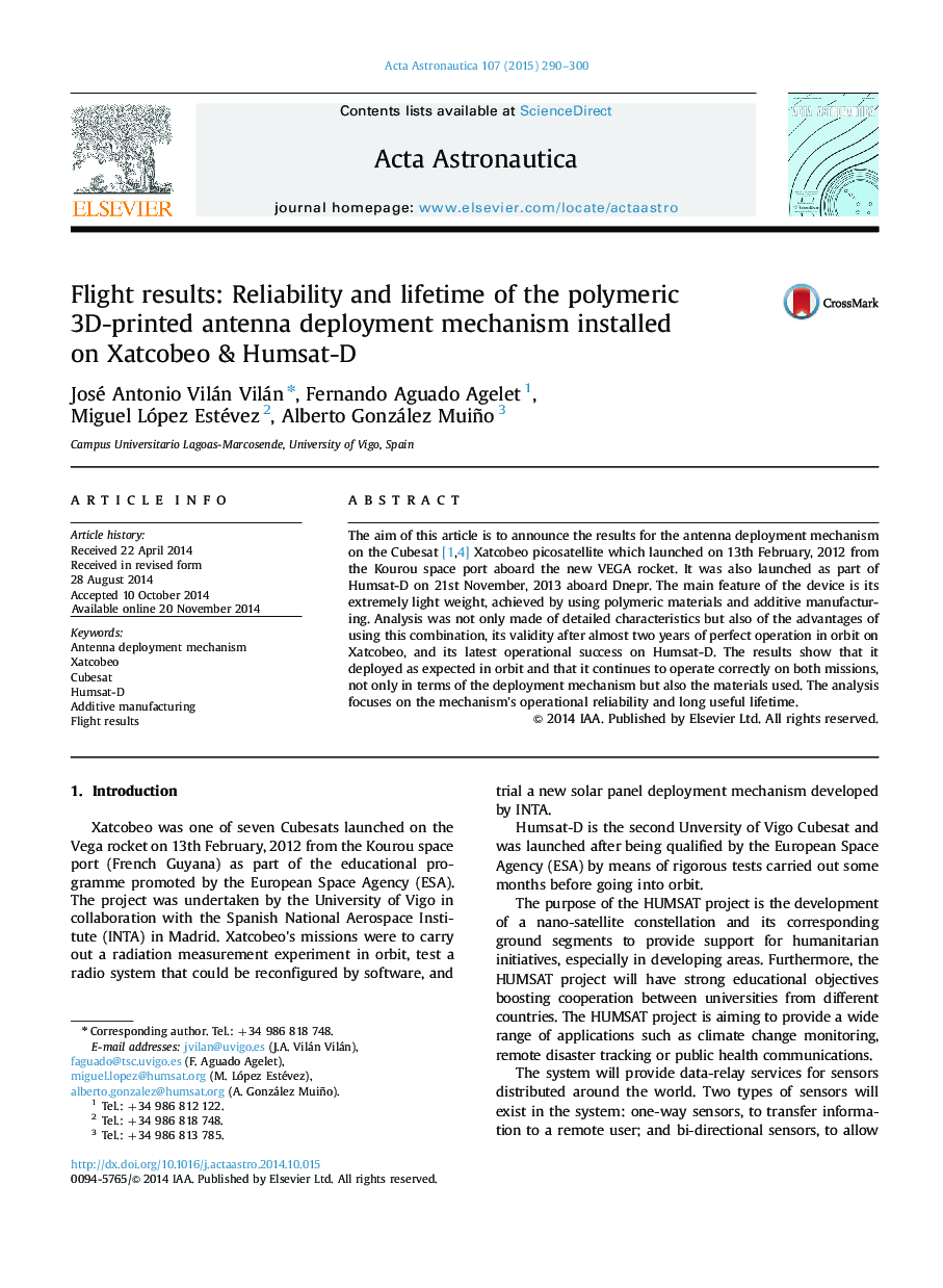 Flight results: Reliability and lifetime of the polymeric 3D-printed antenna deployment mechanism installed on Xatcobeo & Humsat-D