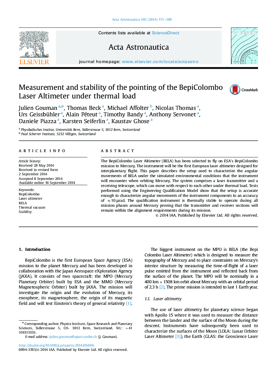 Measurement and stability of the pointing of the BepiColombo Laser Altimeter under thermal load