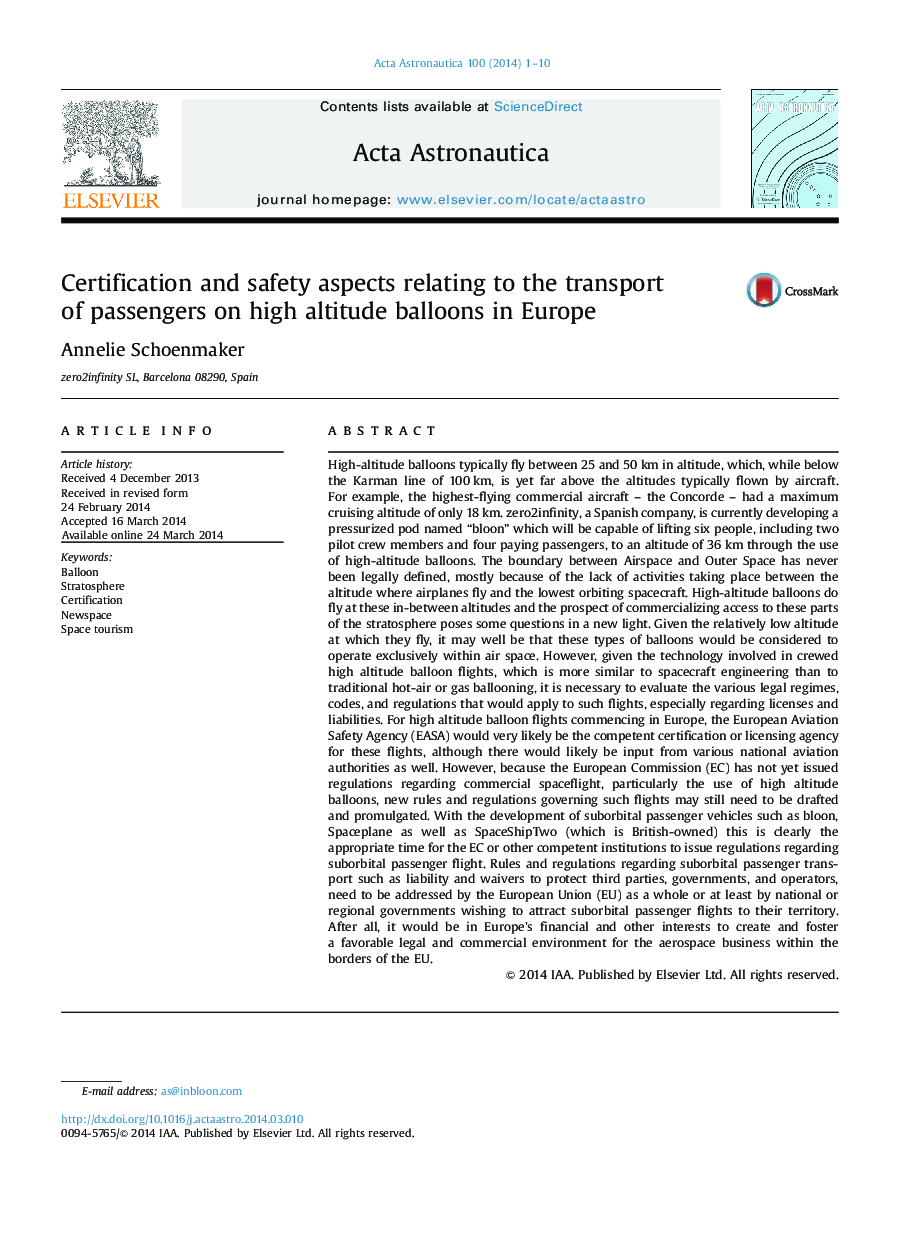 Certification and safety aspects relating to the transport of passengers on high altitude balloons in Europe