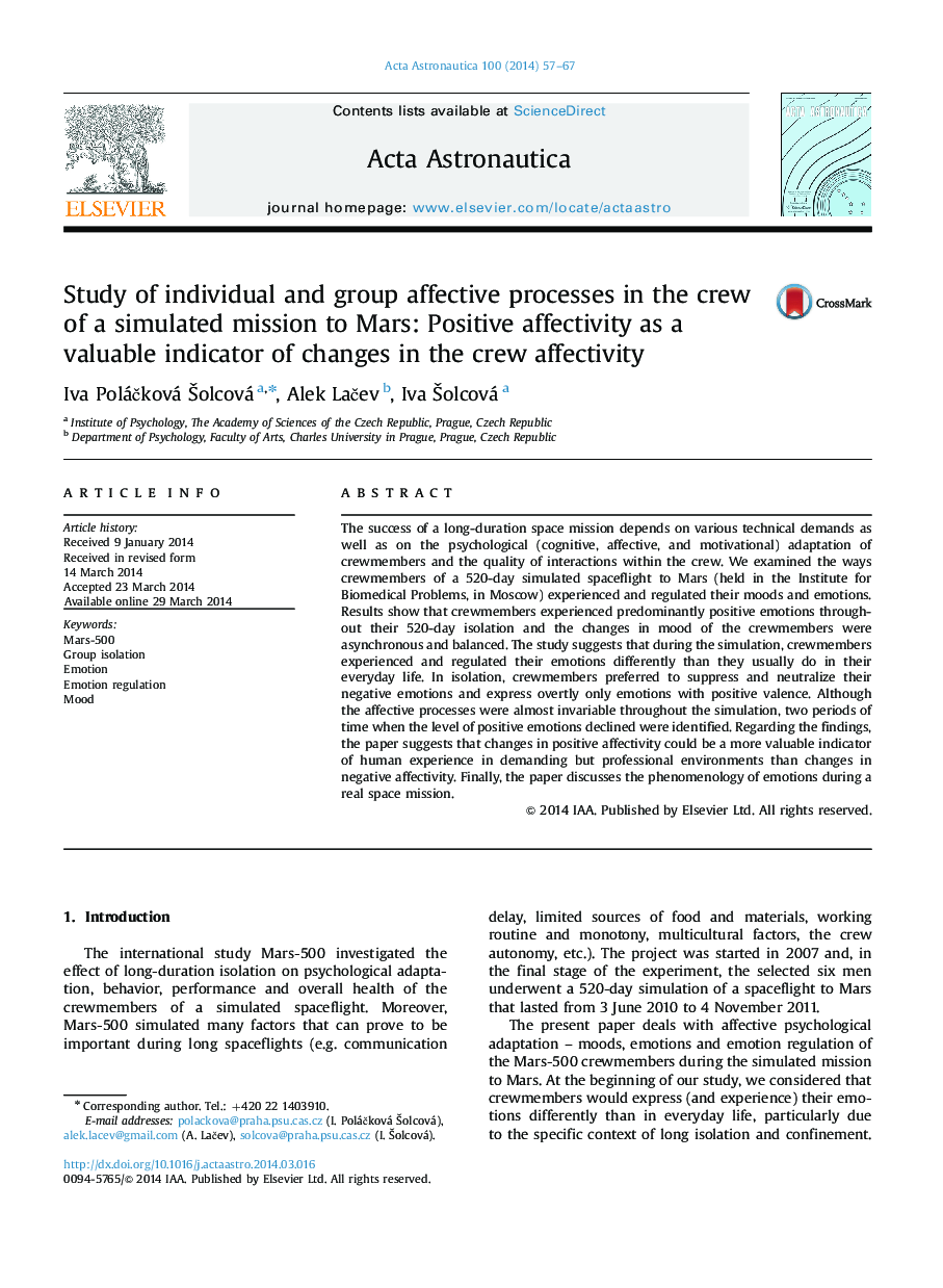 Study of individual and group affective processes in the crew of a simulated mission to Mars: Positive affectivity as a valuable indicator of changes in the crew affectivity