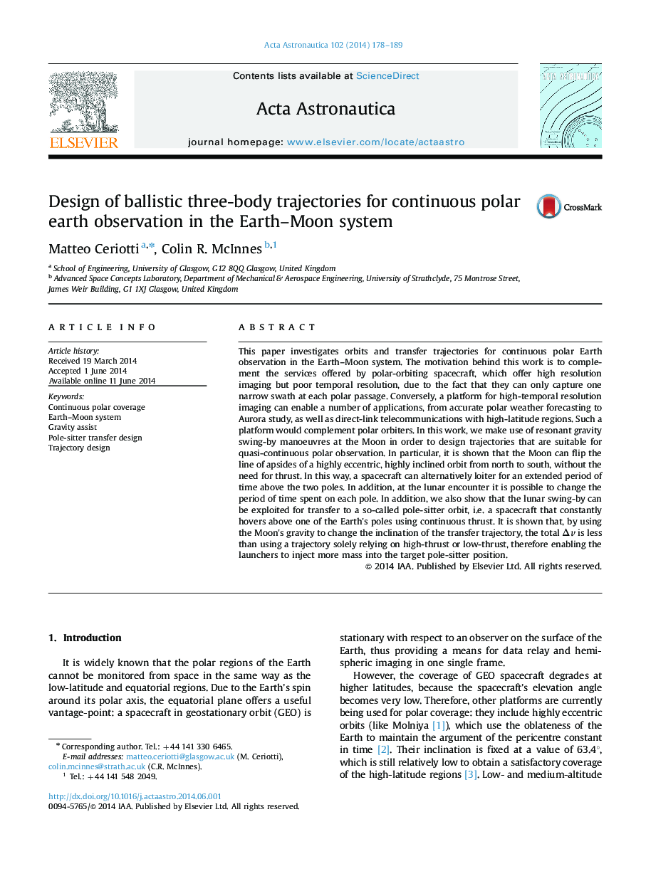 Design of ballistic three-body trajectories for continuous polar earth observation in the Earth–Moon system