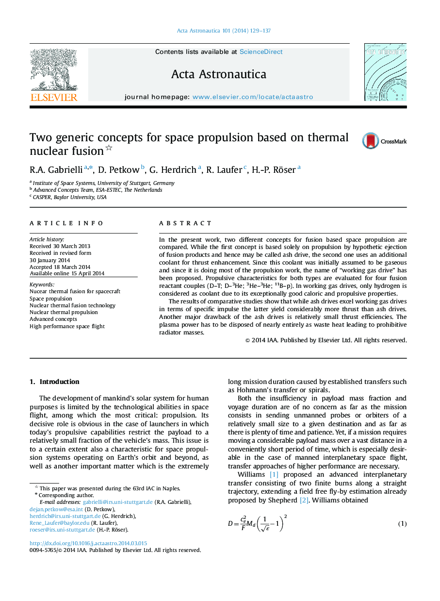 Two generic concepts for space propulsion based on thermal nuclear fusion 