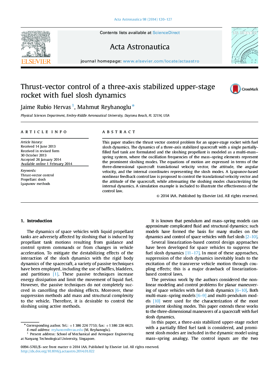 Thrust-vector control of a three-axis stabilized upper-stage rocket with fuel slosh dynamics