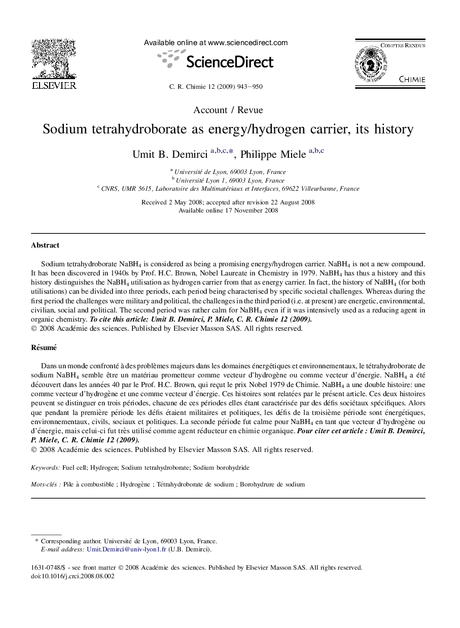 Sodium tetrahydroborate as energy/hydrogen carrier, its history