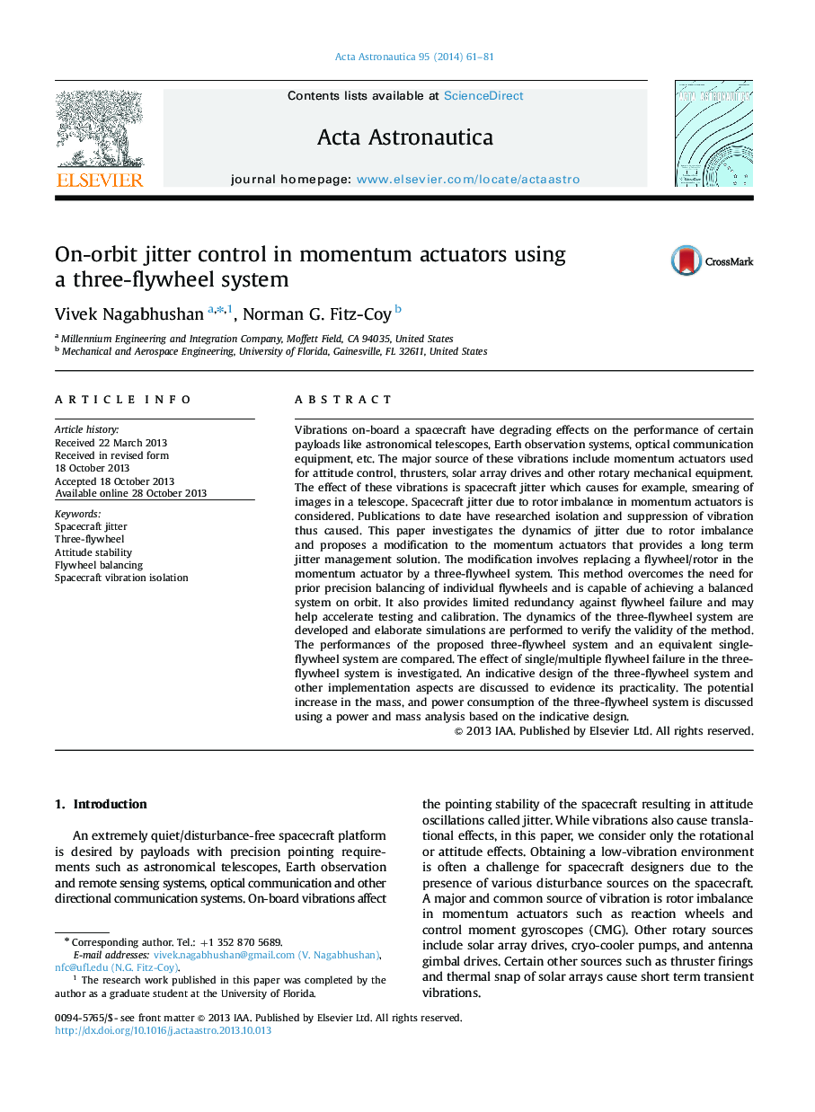 On-orbit jitter control in momentum actuators using a three-flywheel system