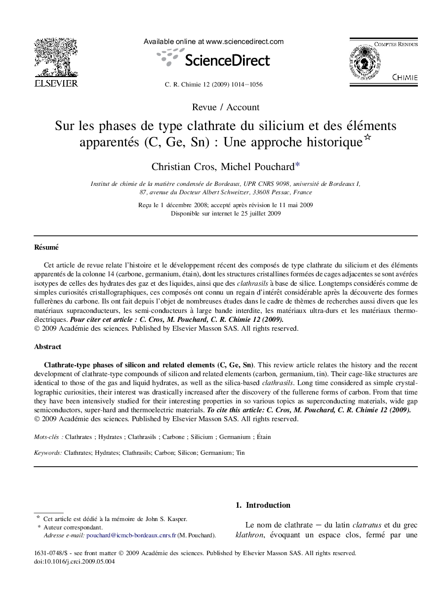 Sur les phases de type clathrate du silicium et des éléments apparentés (C, Ge, Sn) : Une approche historique 