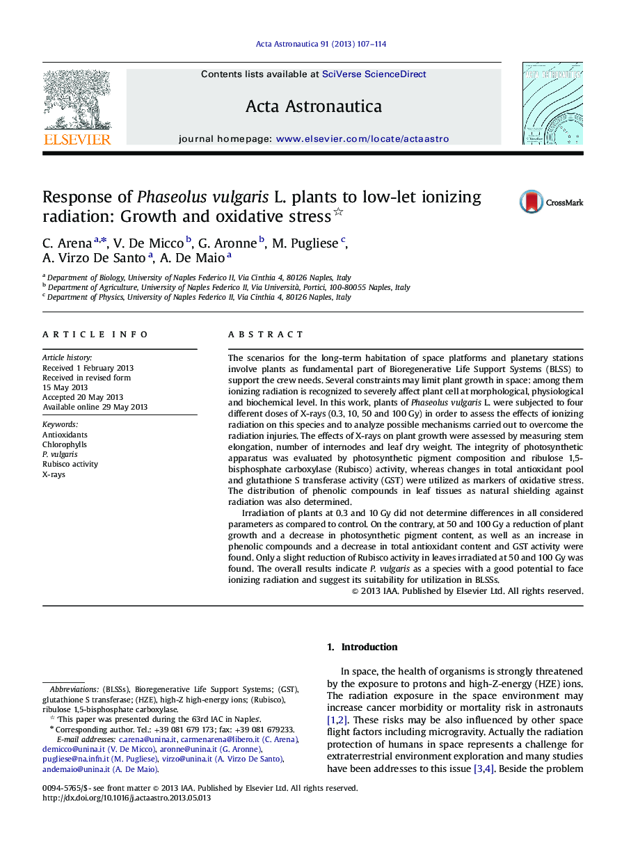عکس صفحه اول مقاله: Response of Phaseolus vulgaris L. plants to low-let ionizing radiation: Growth and oxidative stress Response of Phaseolus vulgaris L. plants to low-let ionizing radiation: Growth and oxidative stress
